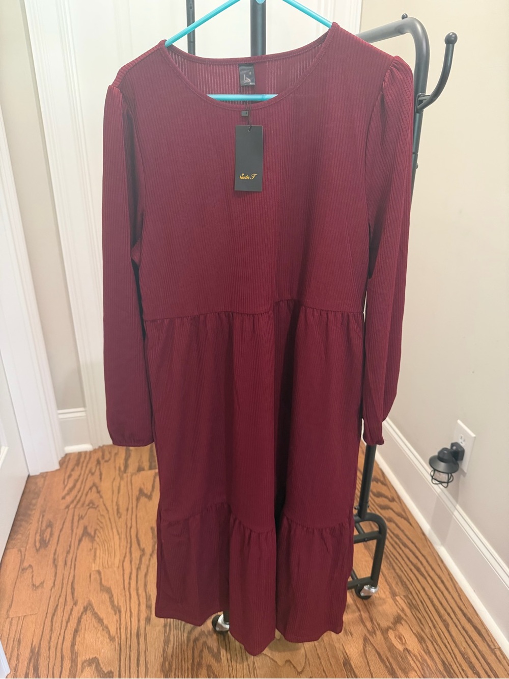 Luxe Girls' Burgundy Ribbed Long-Sleeve Tiered Dress